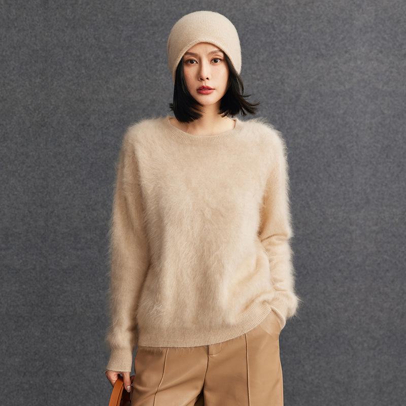 Cashmere Women's Round Neck Brushed Knit Sweater - 2025 Autumn/Winter Collection.