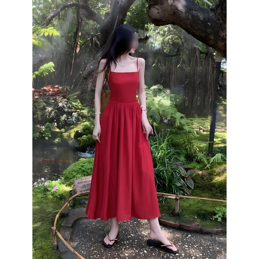 Rot Halter-Trägerkleid im Strandurlaubsstil   Temperament tragen langes Kleid Sommer