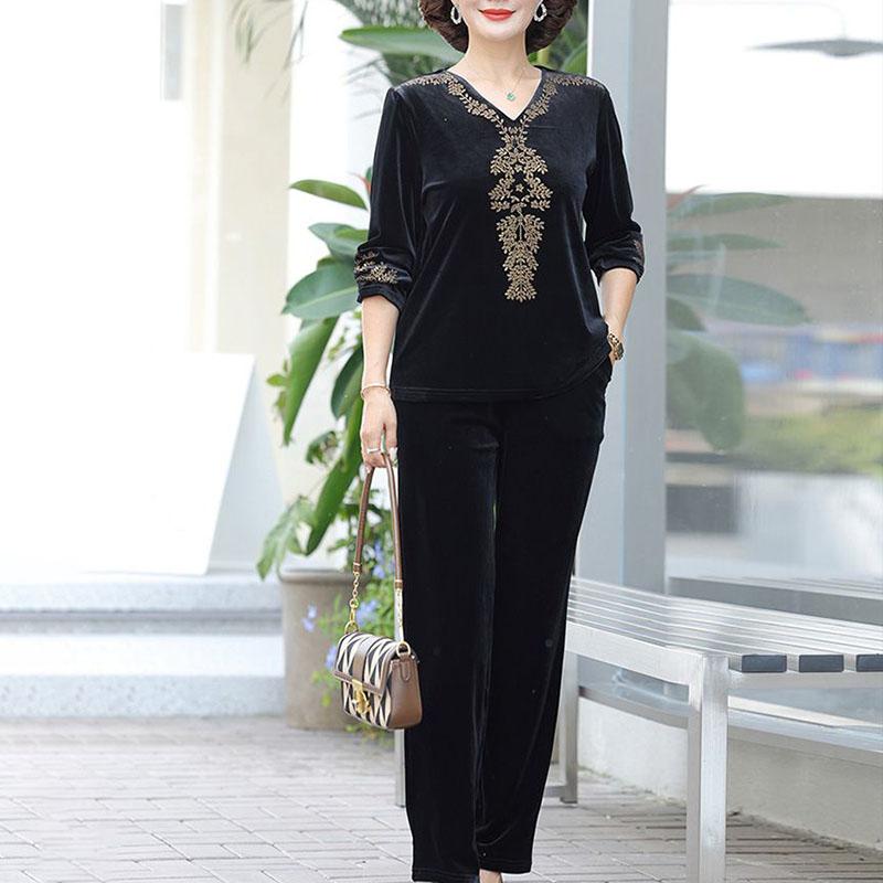 2pcs Pants Suits Spring Autumn Women's Gold Velvet Plus Size Blouse High-waist Velvet Harem Pants Two-piece Set