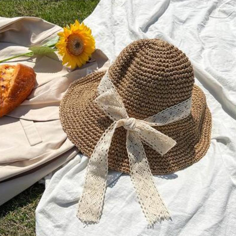 Women's Beige Woven Straw Hat Spring and Summer Japanese Style with Lace Bowknot Hollow Out Breathable Fisherman Hat