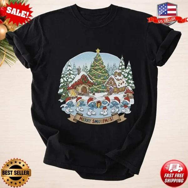 Merry Smurfmas T-Shirt, Smurfs Christmas Tee, Holiday Cartoon Shirt, S-5XL S