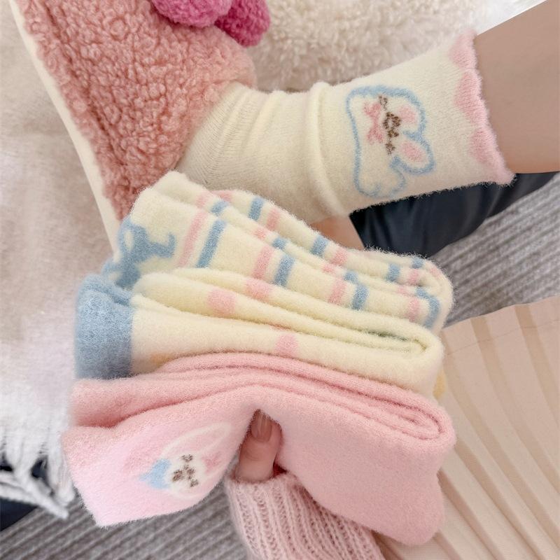 Pink Australian Fleece Socks For Women Thickened And Warm Strawberry Cartoon Bunny Bow Socks Sleeping Floor Socks