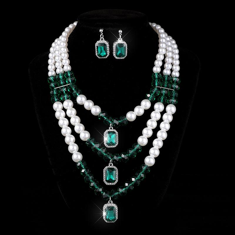 Geometric Multi-layer Imitation Pearl Crystal Neck Chain Stud Earrings Party Imitation Pearl Diamond Necklace Jewelry Set зеленый жемчуга