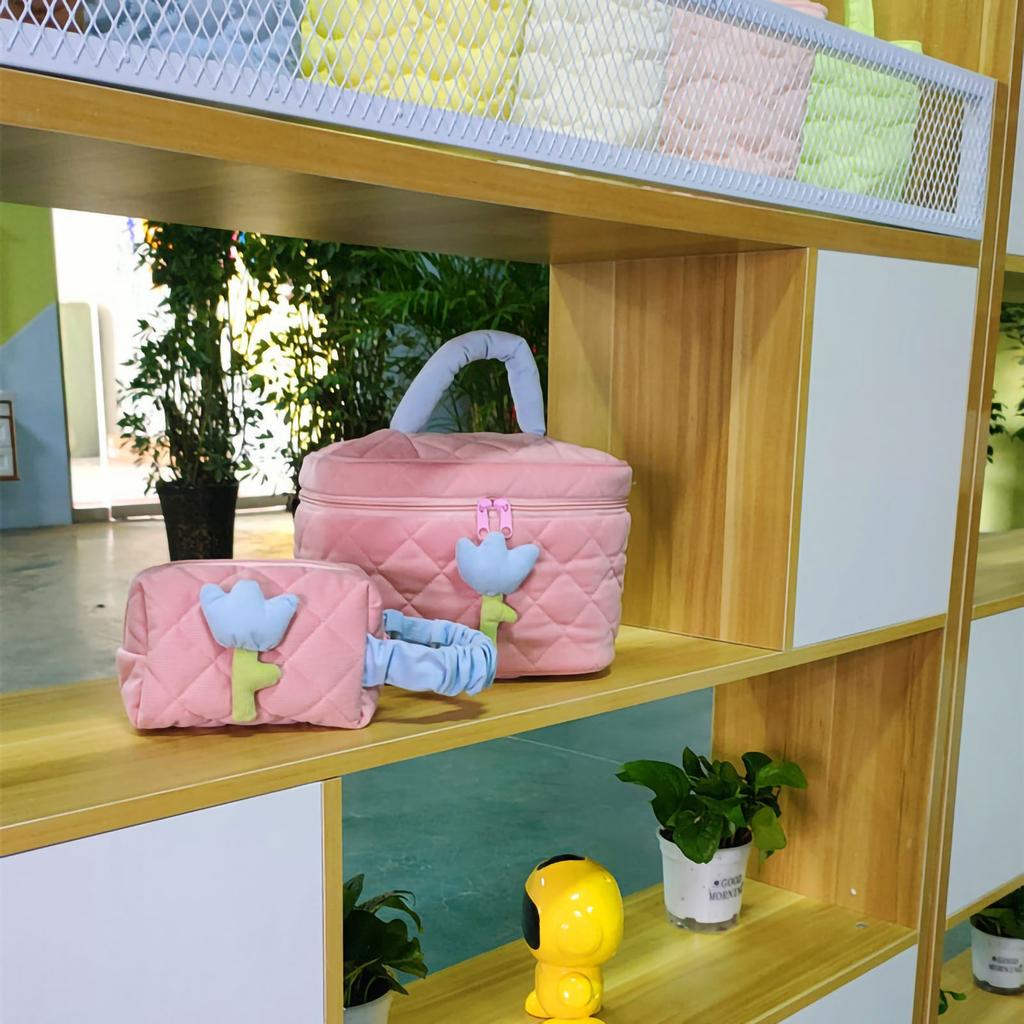 Cosmetic Bag Corduroy Tulip Large Capacity Portable Lovely Toiletry Storage Bag for Girls Pink Large