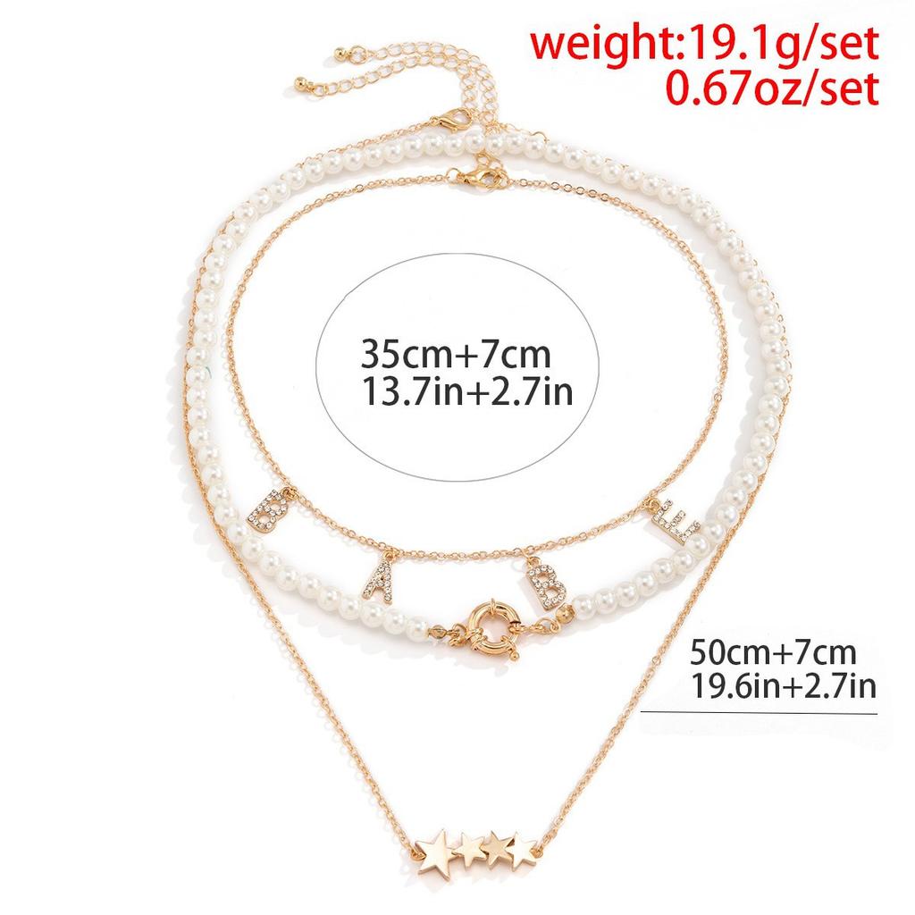 Retro Gestapelte Imitation Perlenkette, Modische Leichter Luxus Diamant Buchstaben Stern Schlüsselbein Halskette
