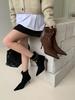2025 new autumn and winter pointed-toed stiletto short boots women's suede thin boots rear zipper chain boots short boots