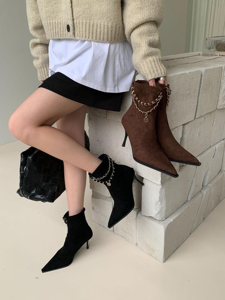 2025 new autumn and winter pointed-toed stiletto short boots women's suede thin boots rear zipper chain boots short boots