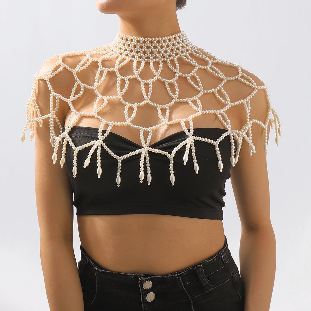 Luxury Retro Body Chain, Elegant Palace Style Imitation Pearl Hollow Tassel Shawl Body Chain Jewelry