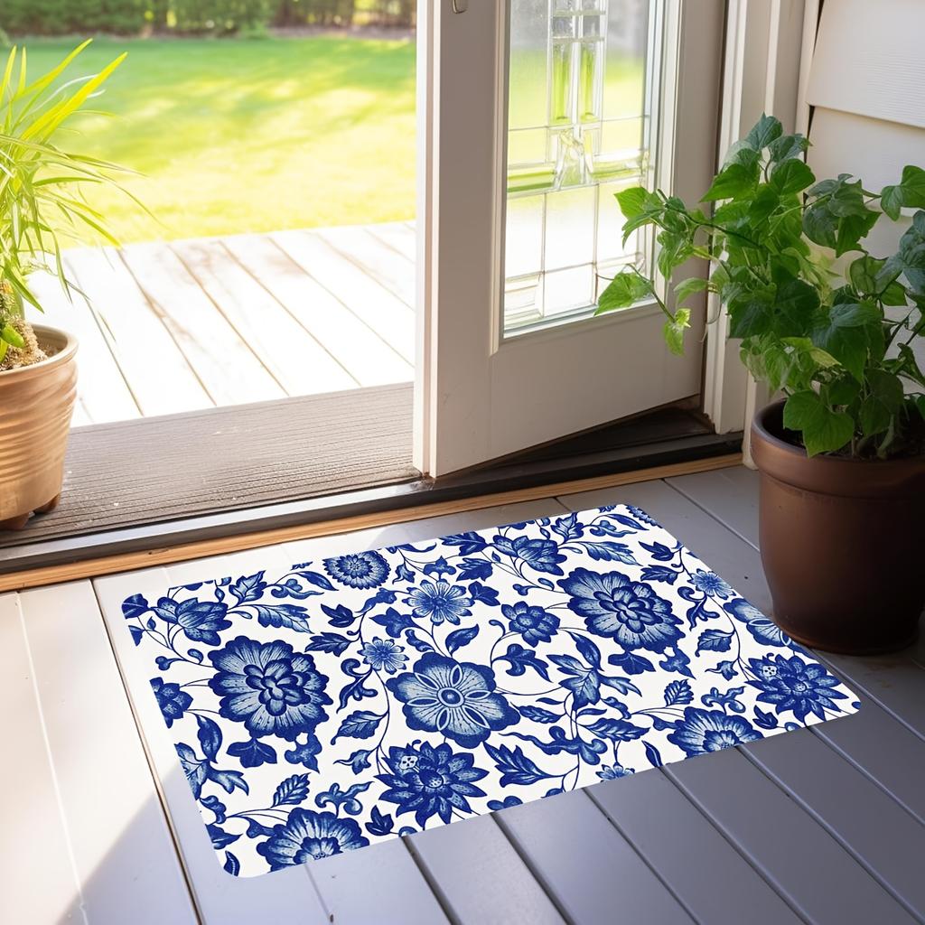 Blauw en Wit Bloemig Thema Flanel-geprint Vloerkleden zijn Antislip Geschikt Woonkamer Slaapkamer Terras Tuin Tapijten