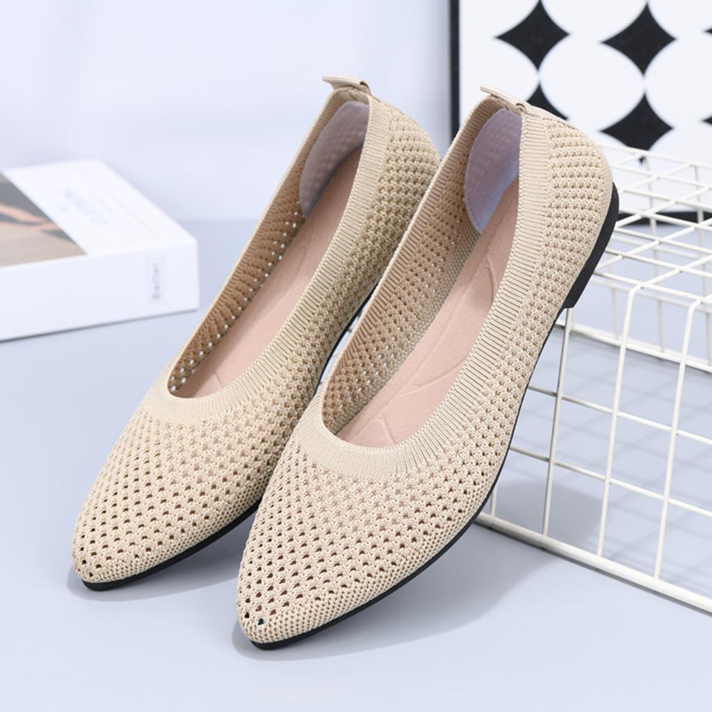 Women Pointed Toe Flat Shoes Breathable Hollow Knit Slip On Casual Soft Sole Lightweight Comfortable Walking Footwear