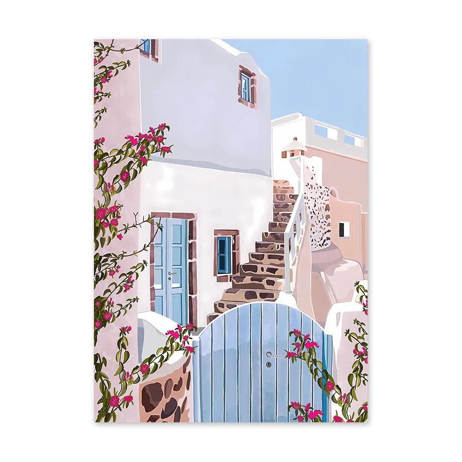 Santorini Lemon Coffee Flowers Abstract Landscape Posters and Prints Wall Art Canvas Painting Pictures For Living Room Home Deco