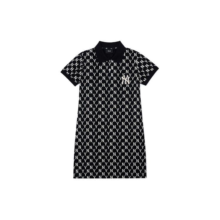 MLB Basic Logo Floral Embroidery French Full Print Loose Checkered Polo Dress Short Sleeve Women dresses Black 3FOPM0223-50BKS
