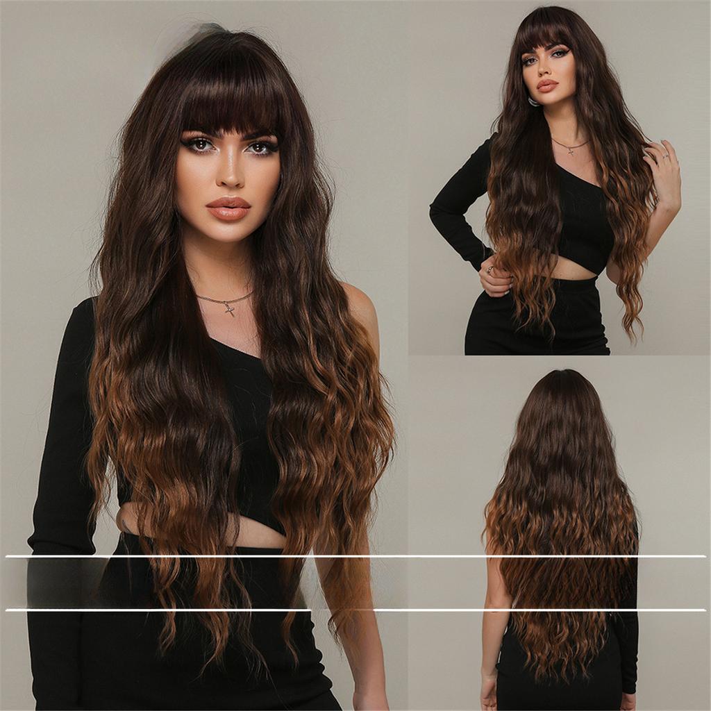 European and American Style Women's Long Gradient Brown Wig with Blunt Bangs Ladies Natural Looking Fluffy Water Wave Curls Wig