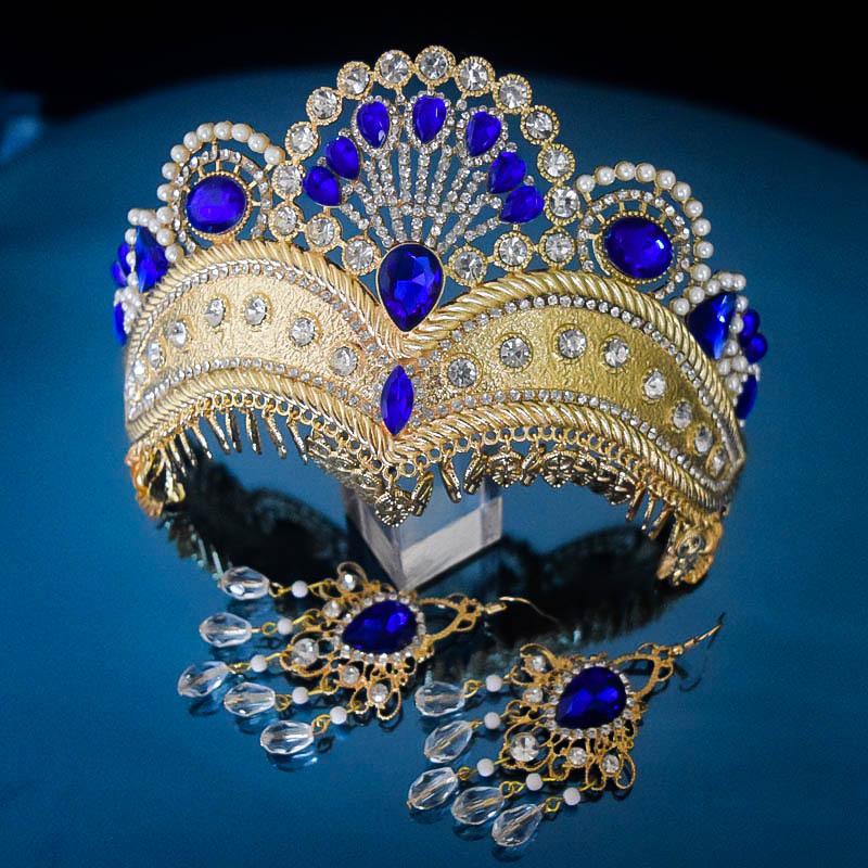 Ethnic Style Dance Luxury Pearl Gold Crown Hollow Design Bridal Wedding Decoration Alloy Crown Earrings