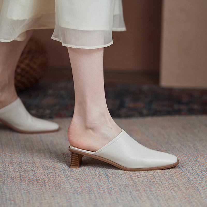 

Fashion 2025 Summer Women Shoes Square Toe Square Heel Slippers Fashion Cowhide Leather Shoes for Women Casual Mules for Women 34 белый