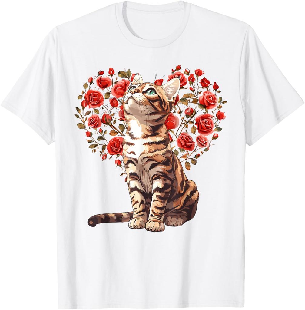 Bengal Cat Heart Rose Floral T-Shirt Cute Cat Lovers Casual Daily Graphic Tee