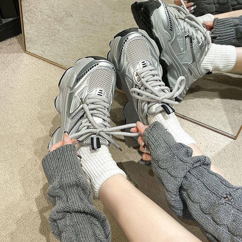 thick-soled silver-gray dad shoes women's spring and summer height increase women's shoes lightweight casual versatile running