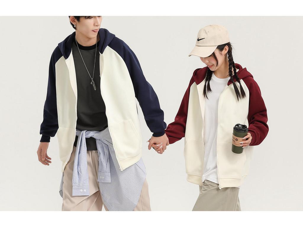 320g Unisex Youthful Trendy Loose Color Block Zipper Raglan Hoodie Cardigan