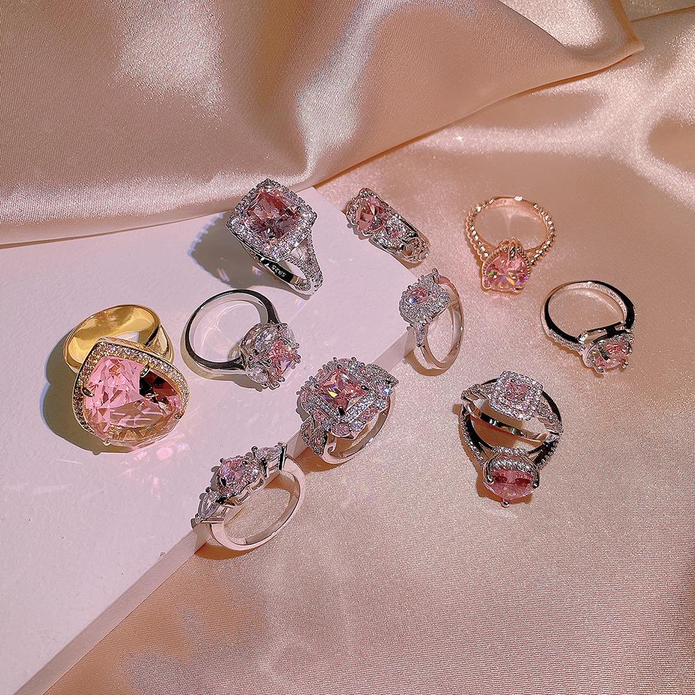 NEW Classic 925  Inlaid Zircon Engagement Ring Pink Crystal Women Shiny Zircon Jewelry Heart-shaped Pink Women's Ring