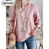 Moda feminina casual cor sólida estampa manga comprida blusas e camisas com decote em V