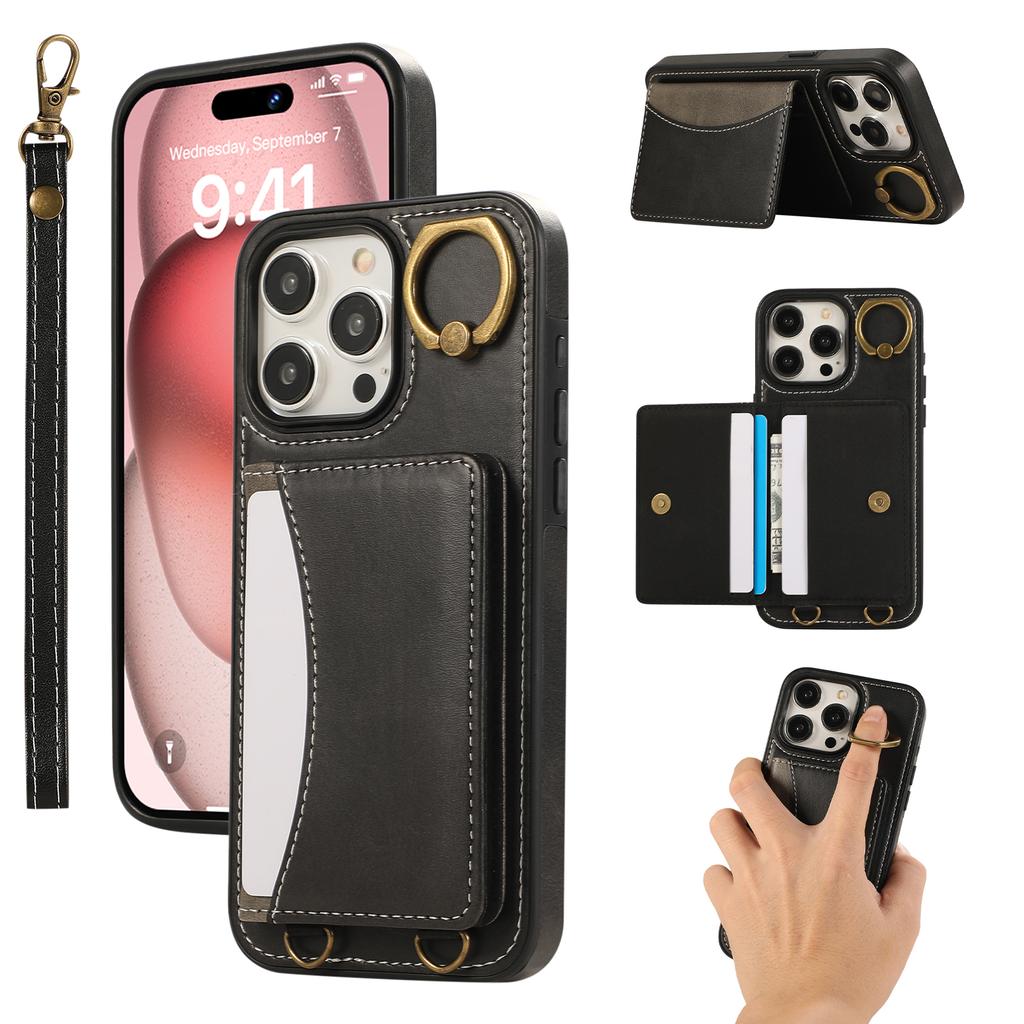 For iPhone 14 Pro Max PU Leather Back Case Card Holder Kickstand Phone Cover with Wrist Strap