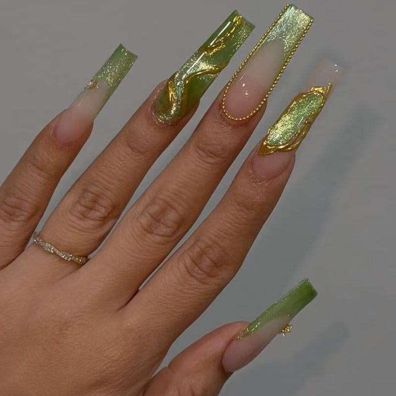 

New European and American manicure green fresh cat eye French 3D three-dimensional gilt chain long wearing armor Free jelly glue + rubbing strips