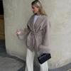 Fashion Lapel V-neck Woolen Coat Women Chic Lace Up Single Breasted Pocket Loose Jacket Lady Daily High Street Outwears