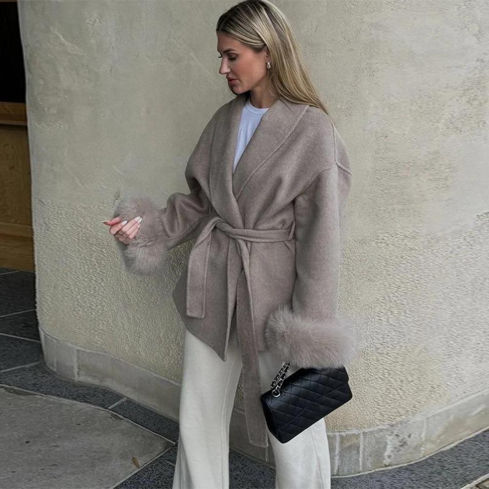 Fashion Lapel V-neck Woolen Coat Women Chic Lace Up Single Breasted Pocket Loose Jacket Lady Daily High Street Outwears