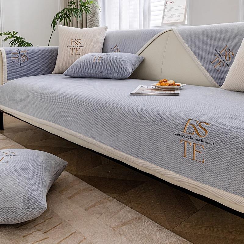White Edge Luxury Chenille Plaid Sofa Cover Universal Non-Slip Living Room Sofa Cushions Armrests Full Package Cover Cushion