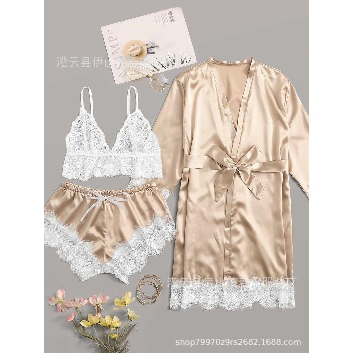 Elastyczny satynowy nowy seksowny komplet bielizny czteroczęściowy, komplet spódniczki z pasem do pończoch, odzież domowa wielokolorowy
