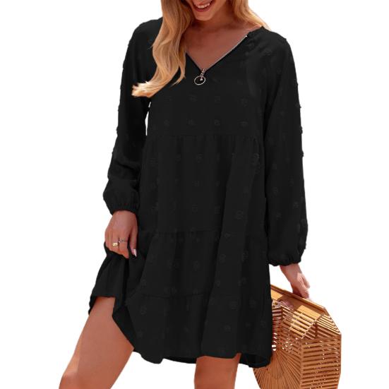 Women's Mini Dress Long Sleeve Swiss Dot Dress V Neck Zipper Casual Pleated Flared A Line Swing Dress