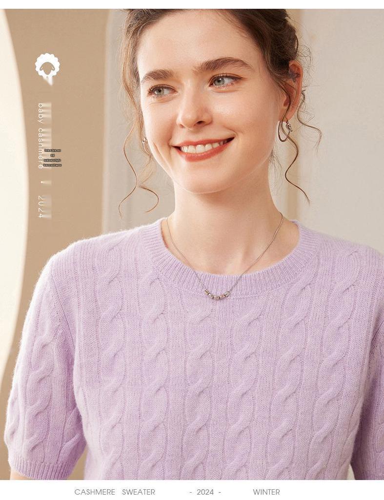 Women's Thick Short-Sleeved Cable Knit Cashmere Sweater - Round Neck Pullover, Autumn/Winter Top
