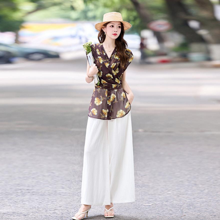 Summer new design sense temperament elegant printed waist shirt casual wide-leg pants two-piece set women