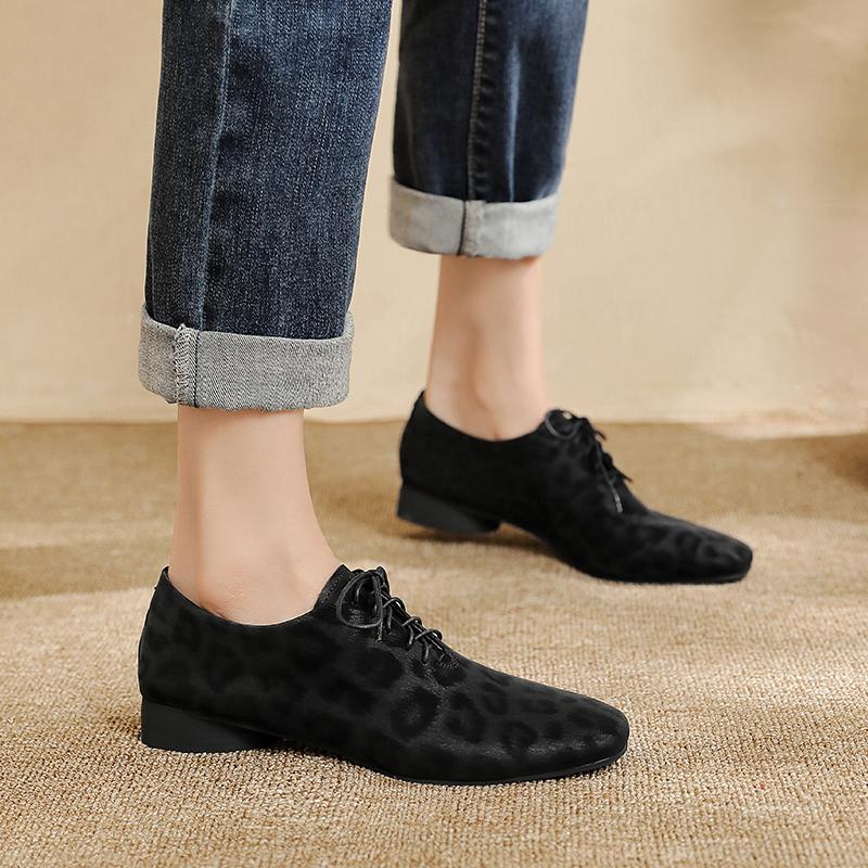 Moda 2025 Vintage Panterka Damskie Szpilki Wiosna Okrągły Nosek Grube Obcasy Dojrzałe Buty Kobieta Skóra Naturalna Sznurowane Podstawowe Biuro Pani