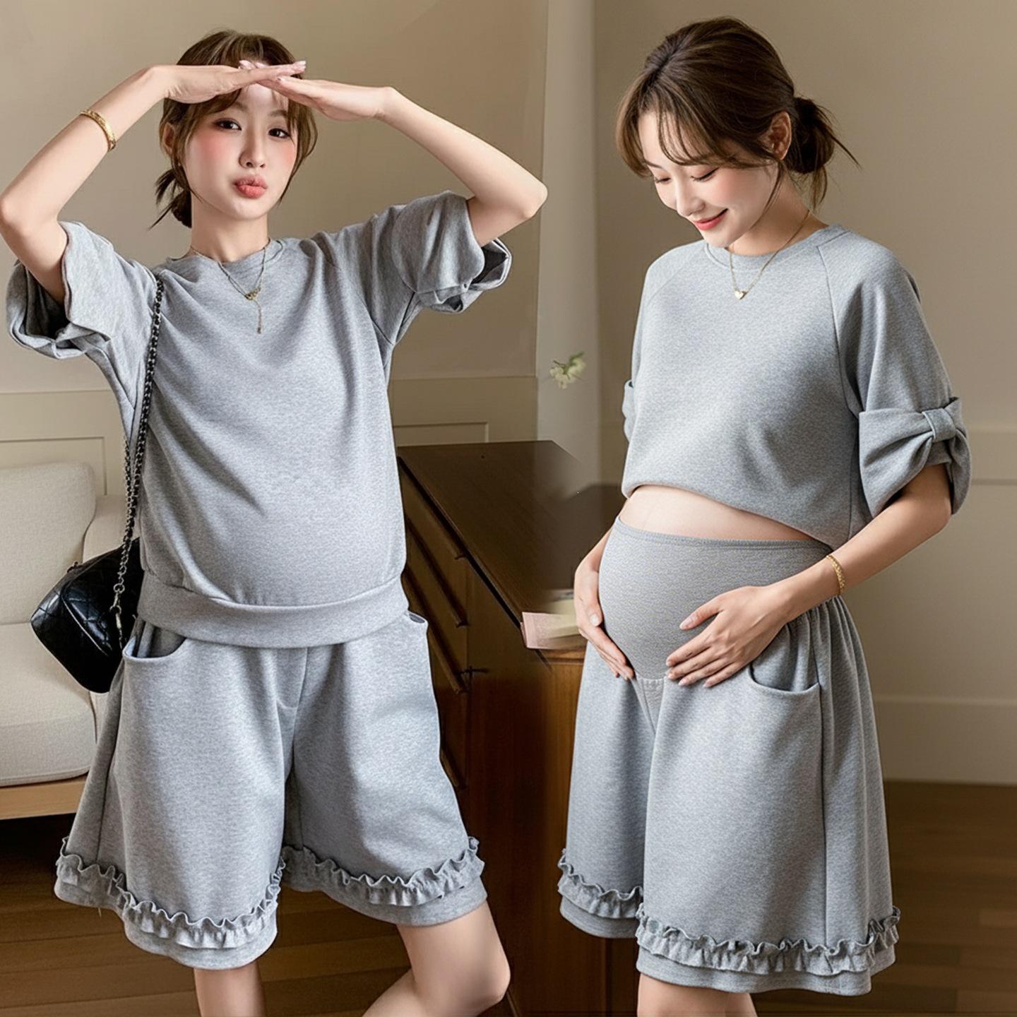 2026 Summer Gray Casual Maternity Set: Korean Bow Short Sleeve Top & Shorts Two-Piece M