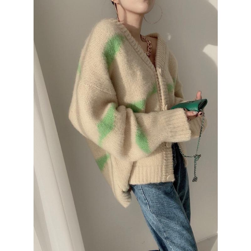 V-neck Fashion Knitted Striped Cardigan Sweater Autumn Women Office Loose Jackets Winter Elegant Casual Long Sleeve Coats Knitwear Top Clothing