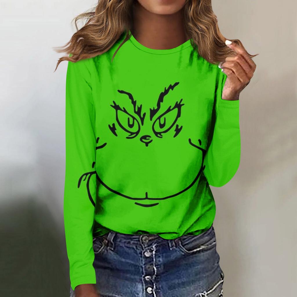 Women's Fashion Casual Long Sleeve Print Round Neck Pullover Top Blouse
