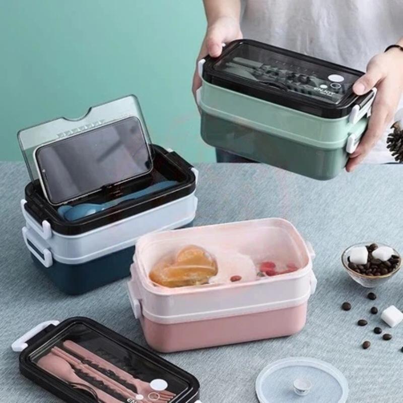 Japanese Rectangle Double Layers Bento Box Leakproof Lunch Boxes Sealed Multi-Compartment Box Lunchbox With Tableware