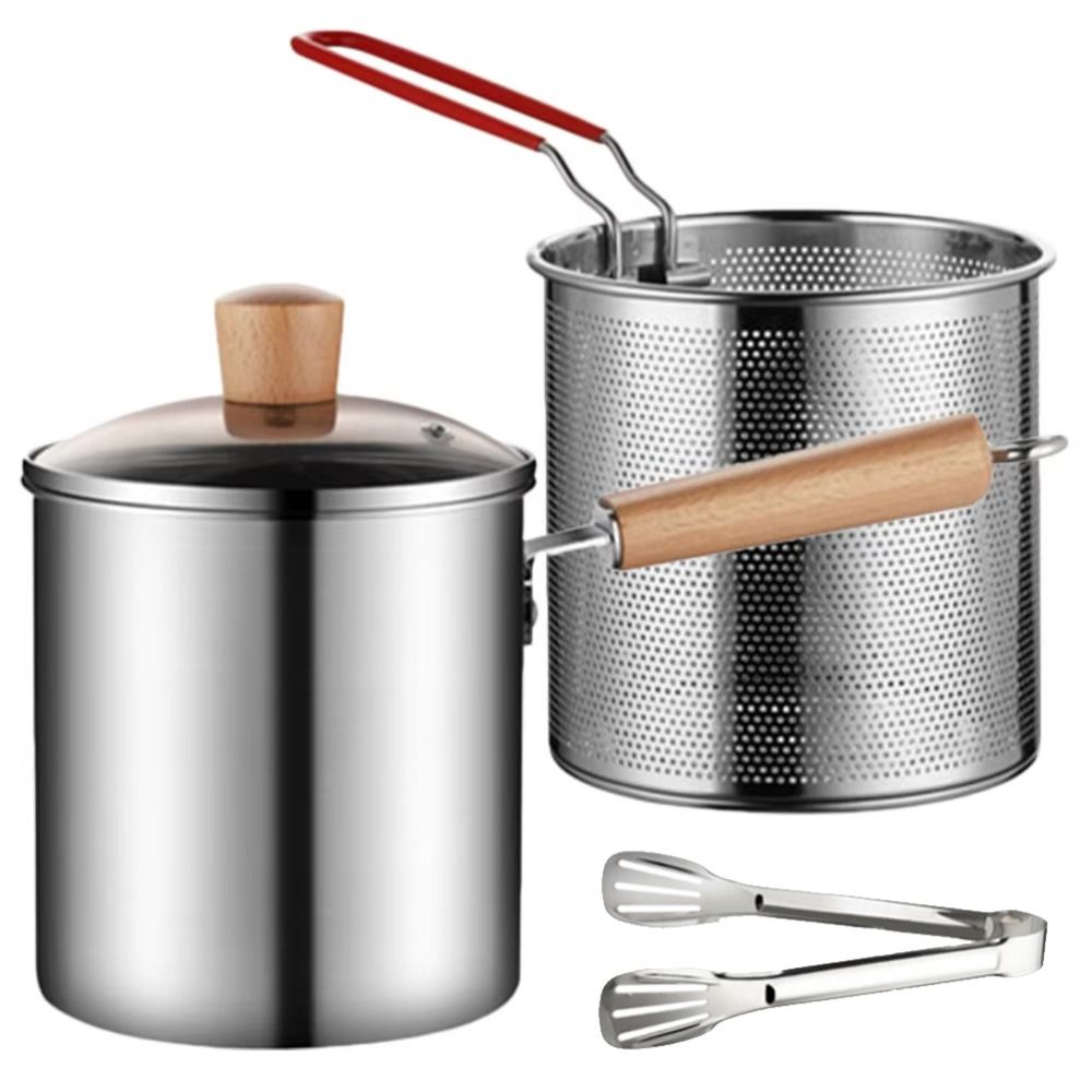 Wood Handle Deep Fryer Pot Strainer Basket Milk Warmer Pot Stainless Steel Frying Pan  French Fries