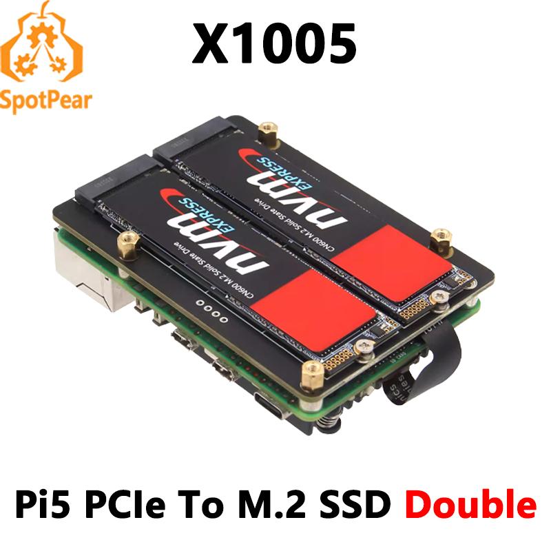 X1005 Raspberry Pi 5 PCIe to M.2 NVMe Dual SSD Adapter Board HAT Pi5 Double 2230/2242/2260/2280