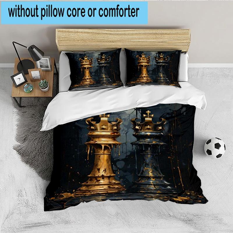 Golden Chess King On Black 3PCS Bedding set,Ideal for 1pc Duvet Cover And 2pcs Pillowcases Perfect for Fan gift,Ideal for Bedroom, Dormitory