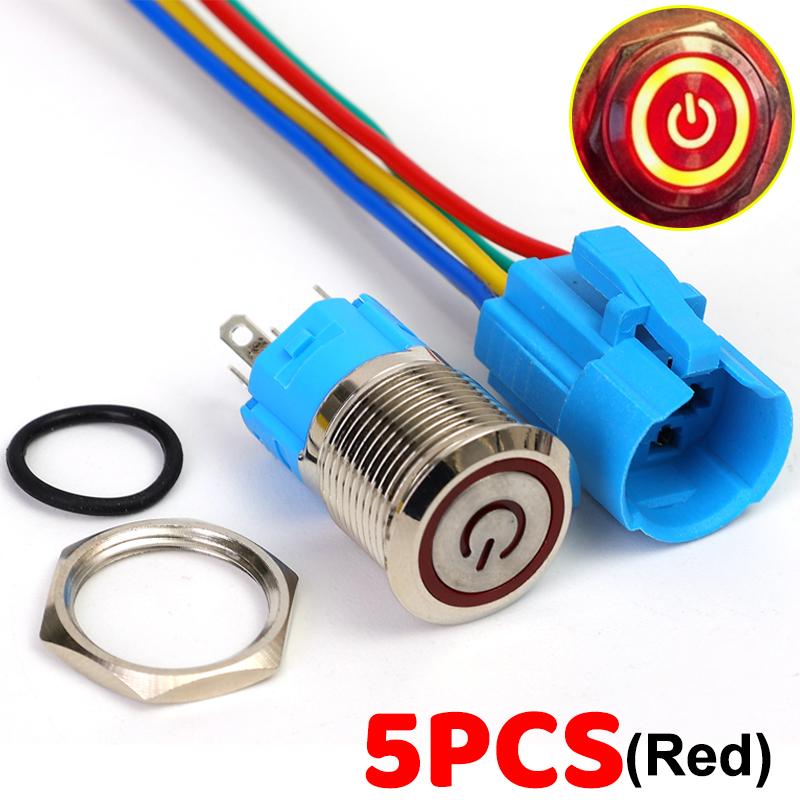 16mm Latching Push Button Switch LED Illuminated Waterproof 12V 24V Metal Round Power On Off Toggle Car Boat Marine Dash Wire
