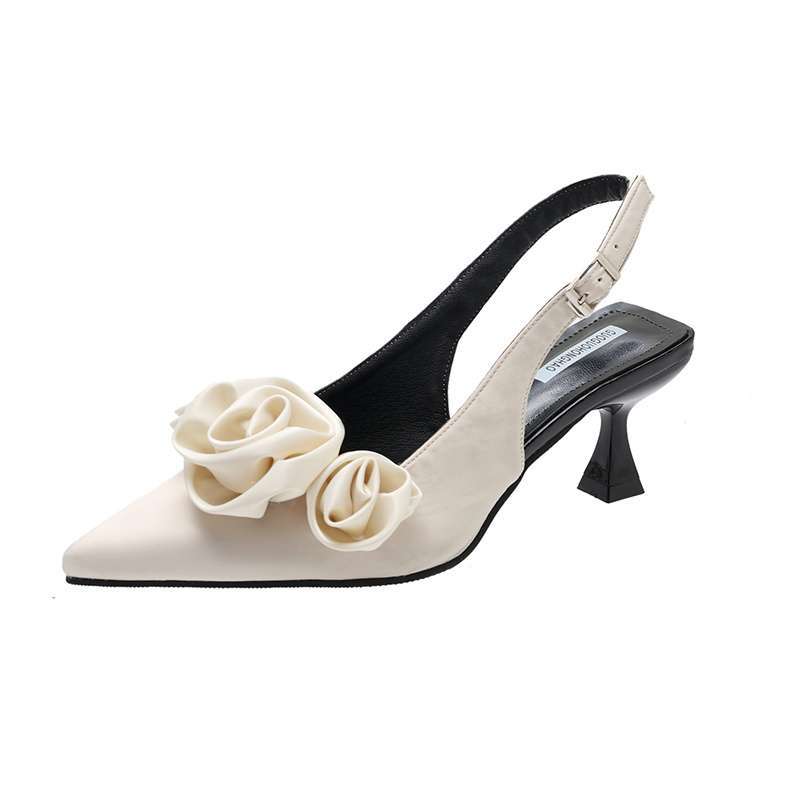 French high heels women's summer medium stiletto small heel flower satin pointed single shoes evening bag head one-word buckle sandals tide