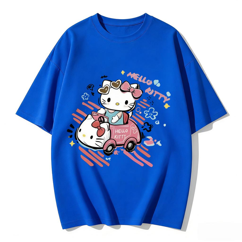 2026 New Arrival Kawaii Hello Kitty Pink Car Print Couple T Shirts Casual Loose Family Matching Outfits Parentchild Tees Tops