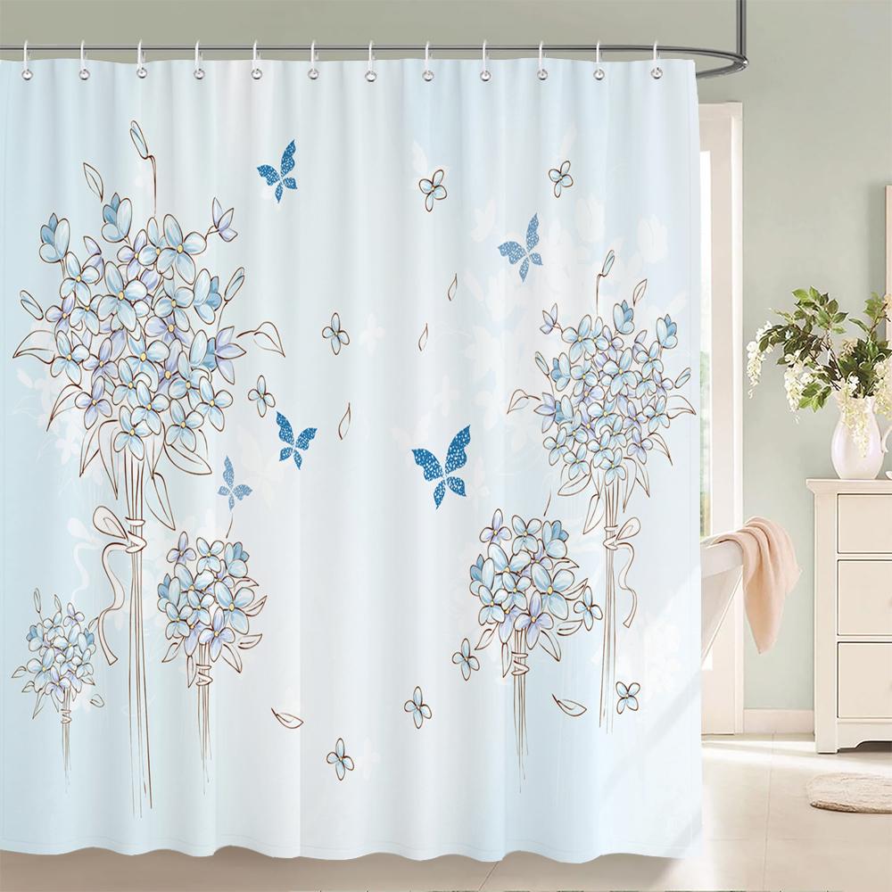 3D European Beautiful Flower Printing Bathroom Curtain Waterproof Polyester Shower Curtain Home Decoration Curtain with Hooks