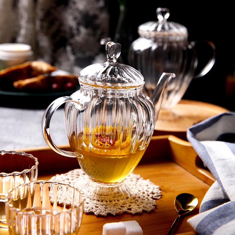 European Glass Tea Infuser Set: Includes Teapot with Filter, Glass Cups, and Saucers for Brewing Flower Tea.