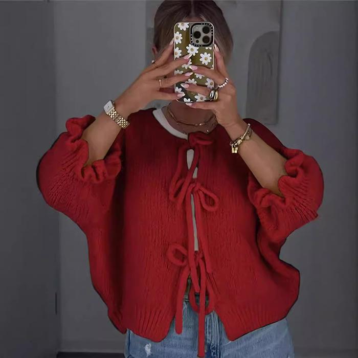 Solid Color Ruffles Three-quarter Sleeves Cardigan Women‘s - Knit Sweater Drawstring Open Front