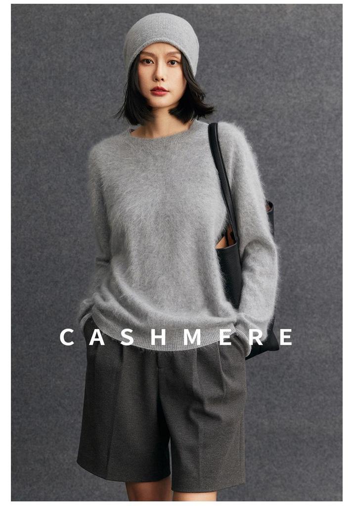 Cashmere Women's Round Neck Brushed Knit Sweater - 2025 Autumn/Winter Collection.