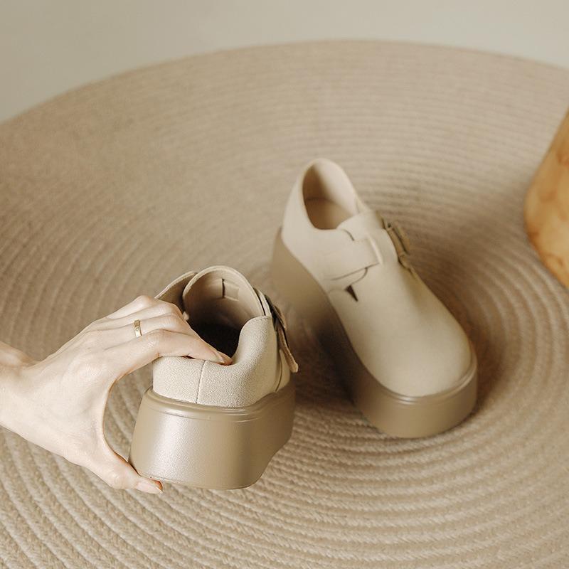 Cowhide version all-inclusive children's spring new thick-soled inner height increase heel single shoes small man