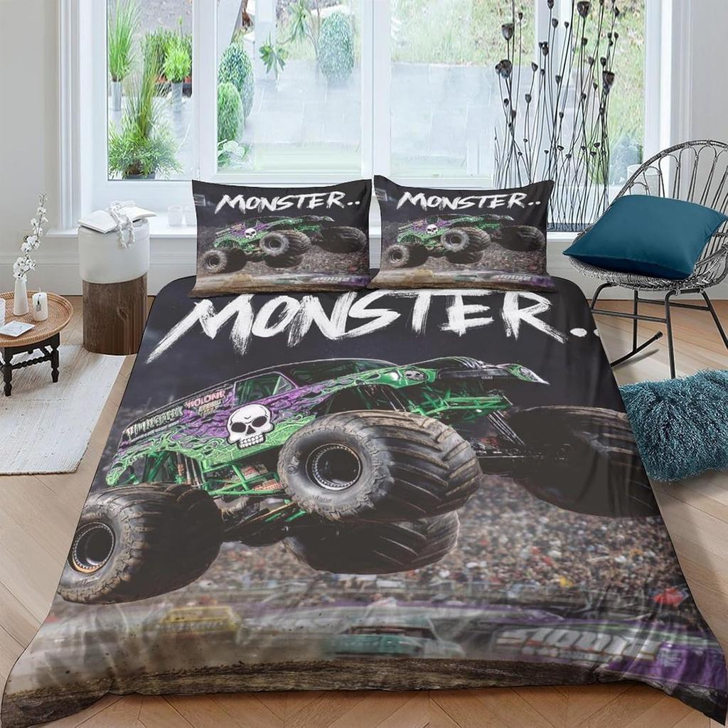 Monster Truck Bedding Set Duvet Cover Soft Microfiber Quilt Cover with 3D Cartoon Anime Print Design for Kids Teenagers Adults